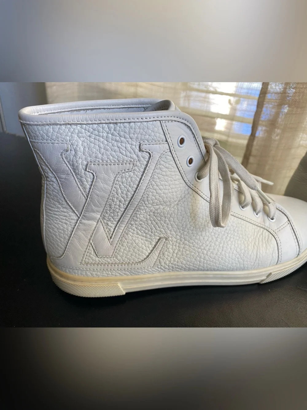 Louis Vuitton Cream White High-Top Leather Sneakers 37 Laced Rubber Shoes Italy